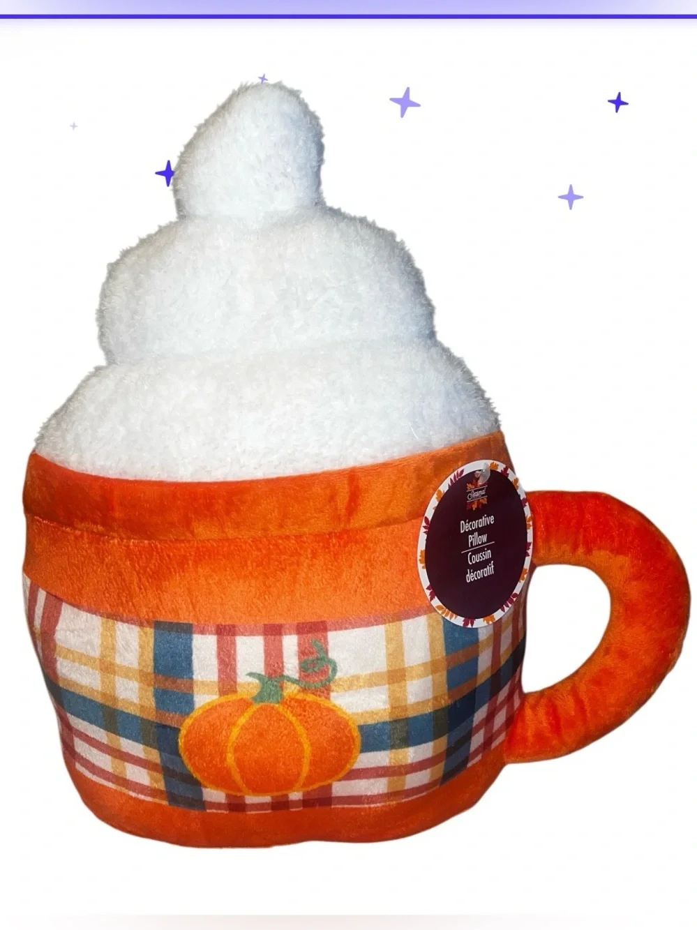Plush Pumpkin Spice Mug Decorative Pillow - White & Orange